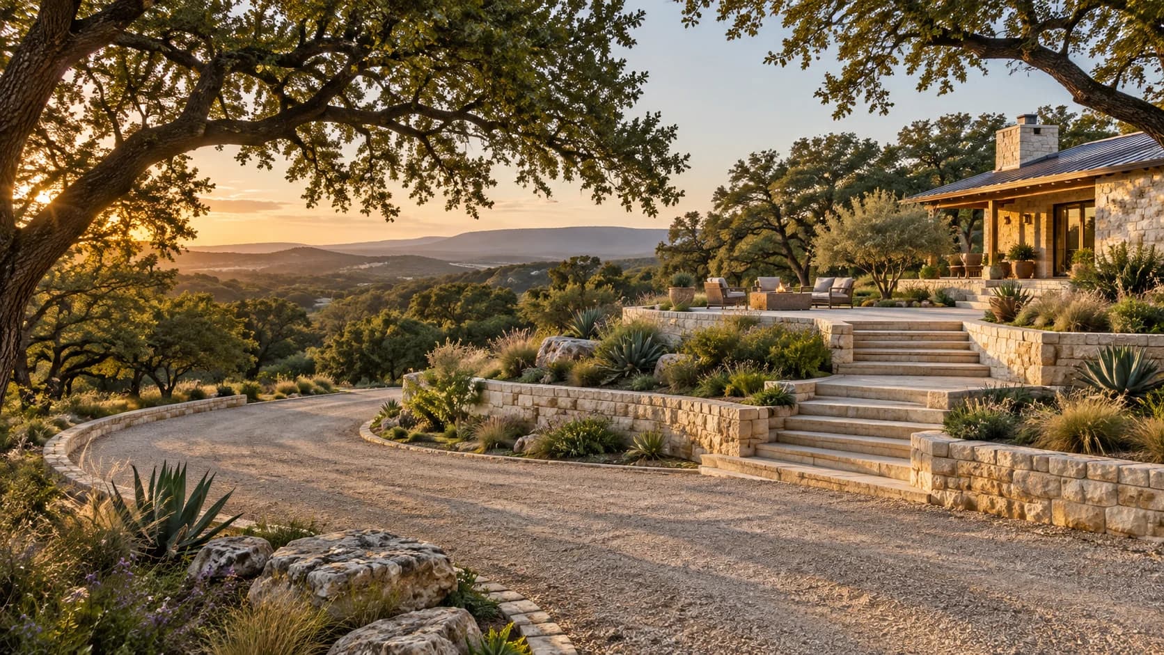 Illustrative Hill Country estate landscape with limestone terraces, native planting, and a winding arrival drive